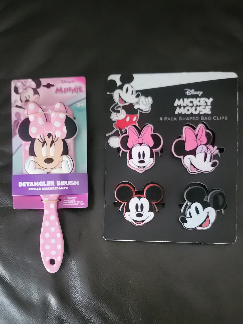 Disney Minnie Mouse Pink Detangler Brush & Mickey Mouse Pink Bag Clips Set